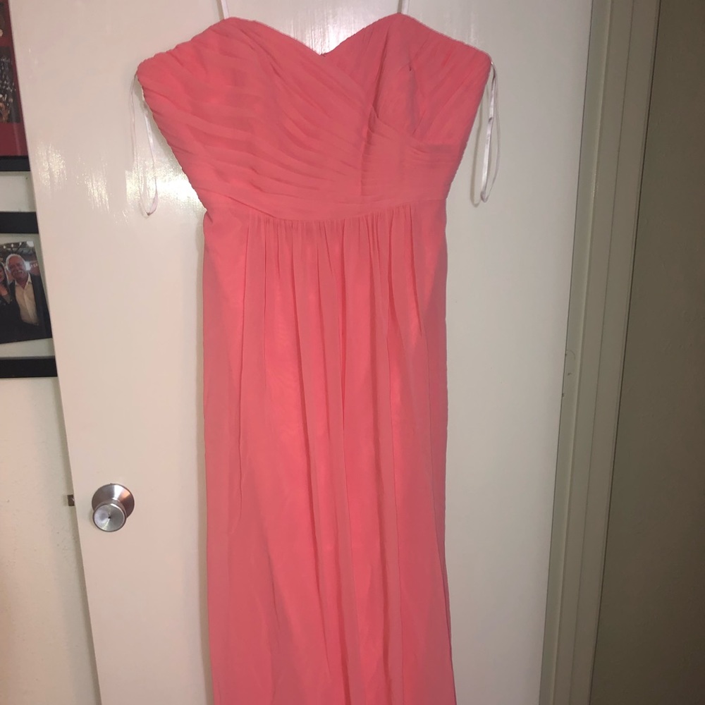 Coral, strapless bridesmaids dress